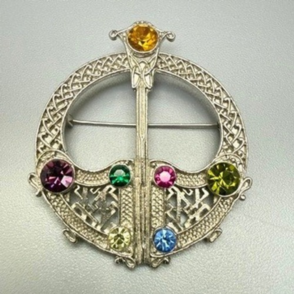 Vintage Celtic Knot Multi-Color Rhinestone Brooch 2" Irish Tara Kilt Pin
